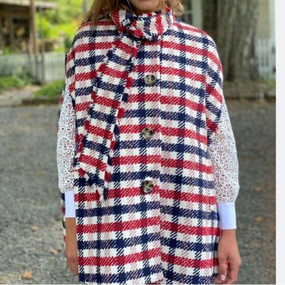 Pearl by Lela Rose Cape Coat w/ Removable Scarf Plaid Jacket Red White Blue M